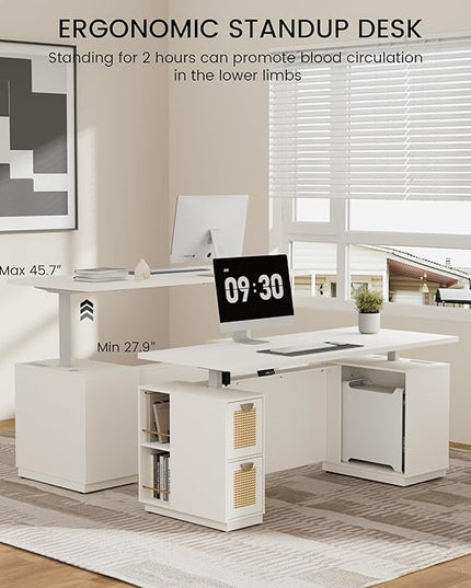 71" Standing Desk with Storage, Large One-Piece Desktop, Electric Height Adjustable Stand Up Executive Desk, Privacy Panel, AC/USB, Host Storage, White Rattan