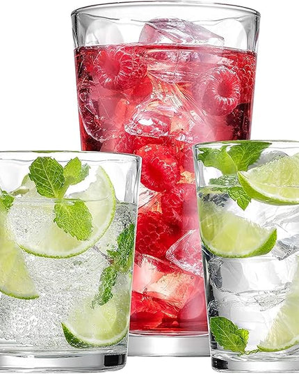Set of 12 Elegant Everyday Stackable Drinking Glasses - Includes 4-17oz Highball Tumbler Glassware, 4-13oz DOF Rock Glasses, 4-7oz Juice Glasses for Mixed Drinks, Water, Beer, Wine.