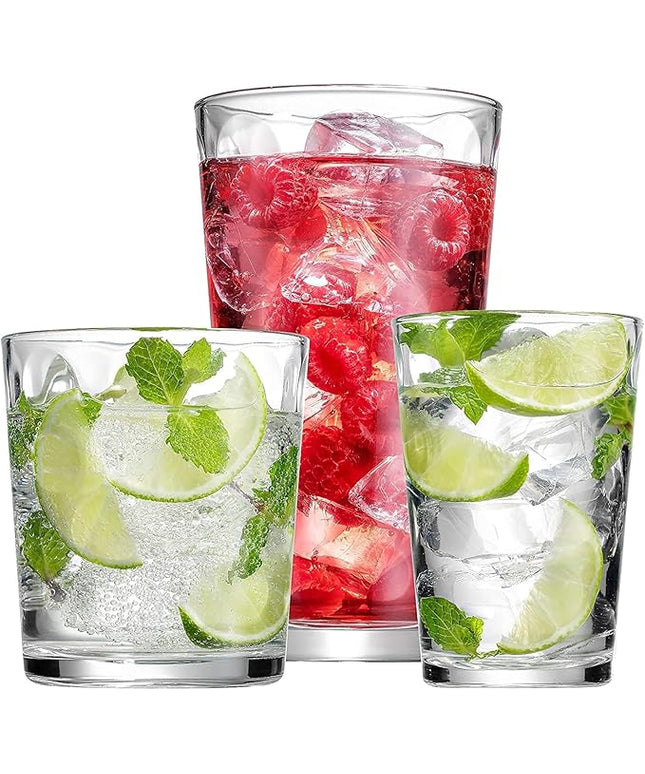 Set of 12 Elegant Everyday Stackable Drinking Glasses - Includes 4-17oz Highball Tumbler Glassware, 4-13oz DOF Rock Glasses, 4-7oz Juice Glasses for Mixed Drinks, Water, Beer, Wine.