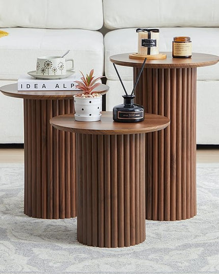 Round Nesting Coffee Table Set of 3,Mid Century Modern Fluted Coffee and End Table Set,Small Circle Wooden Side Table Drink Table for Living Room (Walnut)