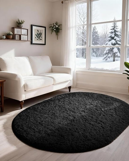Ophanie 3x5 Oval Black Rugs for College Dorm, Bedroom Small Area Rug, Non-Slip Fluffy Shaggy Bedside Soft Shag Fuzzy Plush Carpet for Kids Boys Teen Home Decor Aesthetic, Nursery