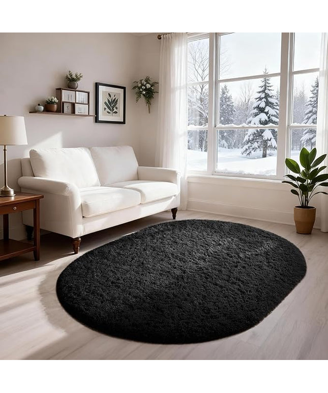 Ophanie 3x5 Oval Black Rugs for College Dorm, Bedroom Small Area Rug, Non-Slip Fluffy Shaggy Bedside Soft Shag Fuzzy Plush Carpet for Kids Boys Teen Home Decor Aesthetic, Nursery