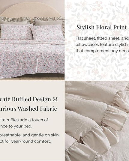 Full Comforter Set - 7 Pieces Ruffle Beige Bedding Sets, Shabby Chic Farmhouse Bed in a Bag Full with Ruffle Comforter, Floral Sheets, Pillowcases & Shams