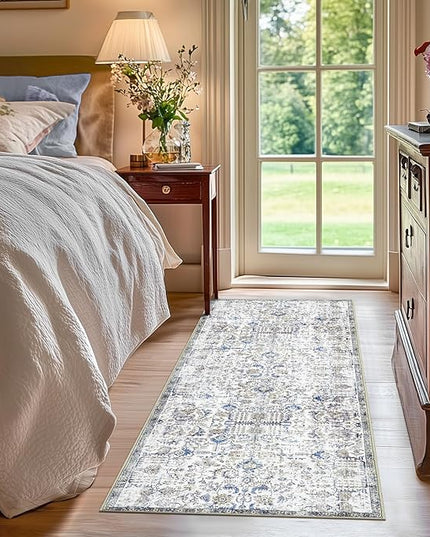 jinchan Kalen Runner Rug 2x5 Washable Hallway Rug Vintage Indoor Thin Retro Floor Cover Distressed Floral Country Lightweight Non Slip Carpet for Entryway Bathroom Kitchen Bedroom Living Room Blue