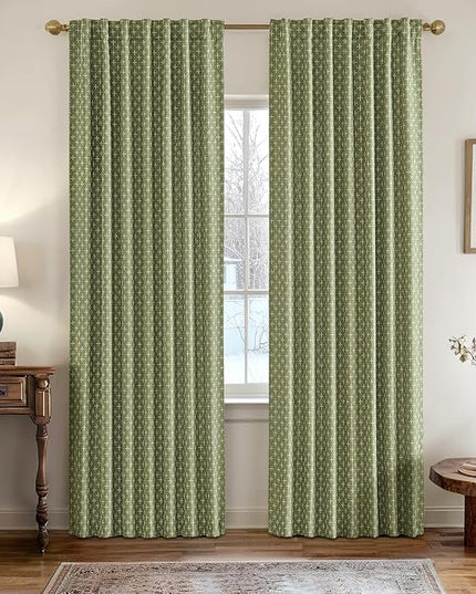 MIULEE Decorative Back Tab Linen Curtains with Geometric Pattern for Living Room Bedroom Farmhouse Rustic Thick Woven Textured Patterned Mudcloth Drapes 84 Inches Long 2 Panels Set, Sage Green