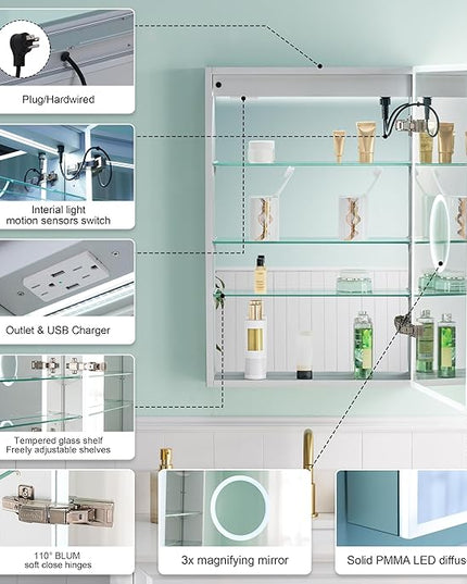 WELLFOR 20" X 30" LED Medicine Cabinet with Mirror, 3X Magnifiying Mirror Cabinet, Defogging/Dimmable Bathroom Mirrored Cabinet, Lighted Medicine Cabinet with Outlets & USB Ports, Right Opening Doors