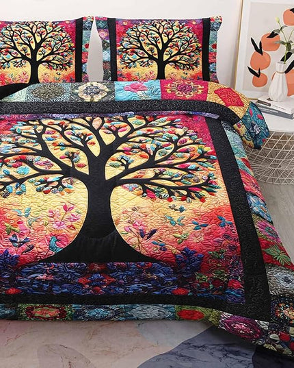 AILONEN Colorful Tree of Life Comforter Set Full Size,Bohemian Ethnic Tree Flower Comforter with 2 Pillowcases,3-Piece Retro Duvet Set