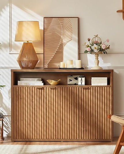 LEYAOYAO Fluted Buffet Cabinet with Storage, 45" Wide Modern Sideboard Credenza with 3 Doors & Open Storage Shelf, Wood Kitchen Console Accent Cabinets, Coffee Bar Table for Dining Room, Tea Brown