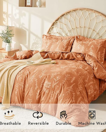 MUXHOMO Burnt Orange Bed in a Bag Queen 7 Pieces, Queen Comforter Set Reversible Botanical Flowers Design, Ultra Soft & Breathable Bedding Sets with Comforter, Sheets, Pillowcases & Shams