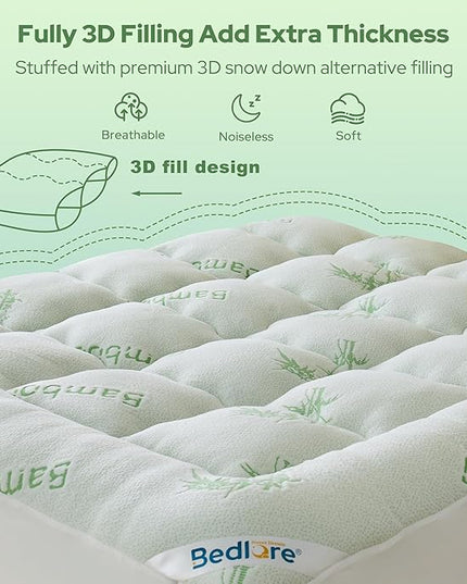 BEDLORE Queen Mattress Topper Viscose Derived from Bamboo, Thick Pillow Top Mattress Pad with Stretchable Pockets for 6-18 inches Mattress, Soft Mattress Topper for Back Pain Relief