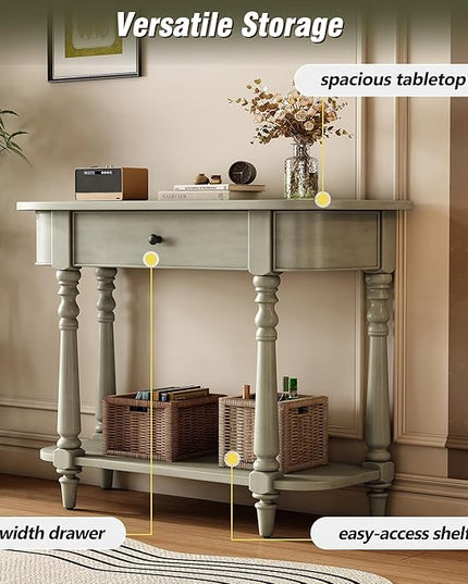 HMFULE Retro Curved Console Table, 36" Solid Wood Half Moon Console Table Sofa Table Entryway Table with 1 Drawer 1 Open Shelf Roman Legs Curved Corners for Living Room,Entryway,Hallway,Gray