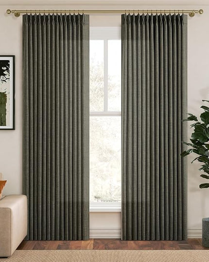 Pinch Pleated Green Linen Curtains Light Filtering 86 Inches Long Drapes for Bedroom,Memory Train Shaped Pleat Curtain for Living Room and Track System Moss Boho Farmhouse with Back Tab 2 Panels
