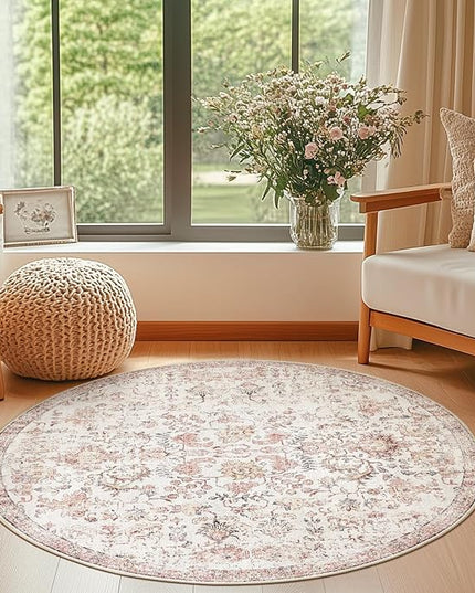 jinchan Kalen Round Rug 4ft Area Rug Washable Vintage Indoor Retro Accent Entryway Floor Cover Distressed Floral 4' Round Circle Boho Non Slip Thin Carpet for Bedroom Living Room Dining Room Red