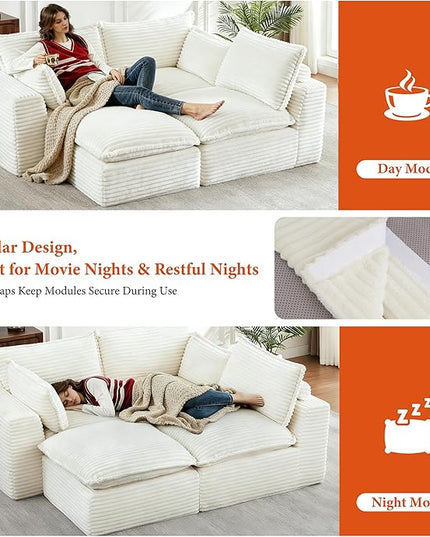 108" Sectional Couches for Living Room Boneless Couch Upholstered Cloud Couch Sectional Modular Sectional Sofa with L Shaped (Corduroy-White, 3 Seat+1 Ottoman)