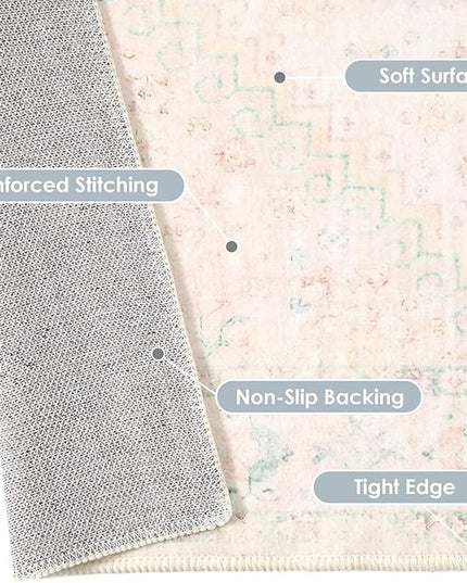 MUJOO 6x9 Area Rugs Washable,Boho Rugs for Living Room Bedroom Dining Room,Large Non Slip Throw Carpet Indoor,Low Pile Light Pink and Green