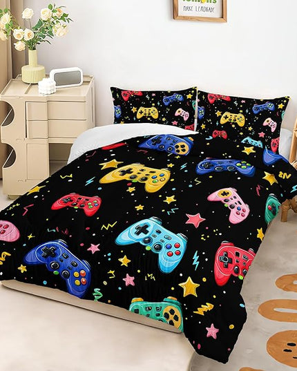AILONEN Gamepad Comforter Set Queen Size,Cartoon Gaming Video Game Bedding Sets for Kids Teens Boys,Cute Graffiti Duvet Set,3-Piece, 1 Quilt and 2 Pillowcases,Soft Microfiber