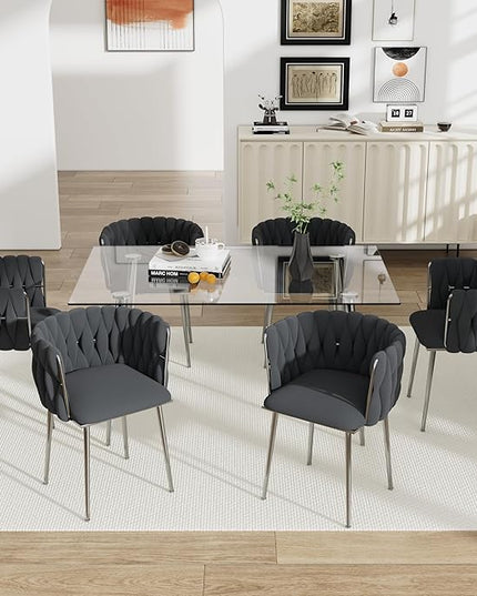 7 Piece Modern Glass Dining Room Set, 51'' Luxury Minimalist Dinner Room Set for 6, 6 Person Clear Glass Rectangle Kitchen Table with Black Woven Chair, for Living Room Small Place (Silver)