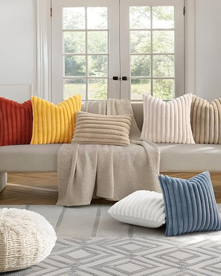 decorUhome Faux Fur Spring Throw Pillow Covers 12x20 Set of 2, Decorative Soft Plush Striped Neutral Couch Euro Pillow Covers with Velvet Back for Sofa, Bed, Living Room Home Decor, Mustard Yellow