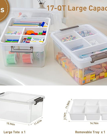 Citylife 17 QT Plastic Storage Box with Removable Tray Craft Organizers and Storage Clear Storage Container for Organizing Bead, Tool, Sewing, Playdoh, 2 Packs