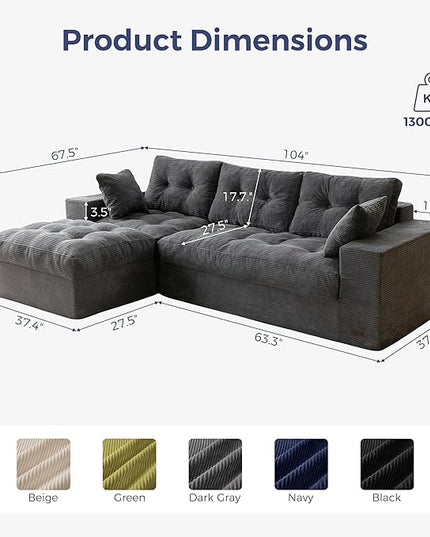 MAXYOYO 104" L Shaped Modular Sectional Sofa with Ottoman, Cloud Boneless Couch with Layered Cushion, Upholstered Sofa in a Box, Flexible Module Combination for Living Room, No Assembly, Dark Grey