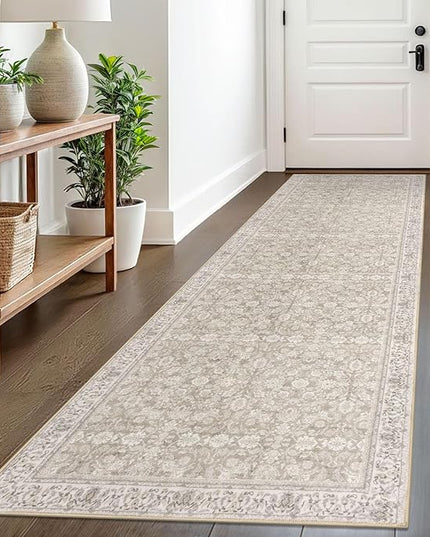 2.6x8 Washable Runner Rug for Kitchen, Cream Beige White Grey Soft Classic Runner with Non-Slip, Non-Shedding Distressed Floral Rug for Hallways Entryway Bedroom Laundry Indoor
