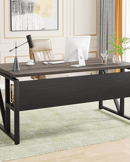 Tribesigns 55 inches Computer Desk with Bottom Storage Shelf Home Office Desk Writing Table for Workstation,Dark Walnut + Steel Leg， Cabinet not Included (Grey, 55-inch -with Shelf)