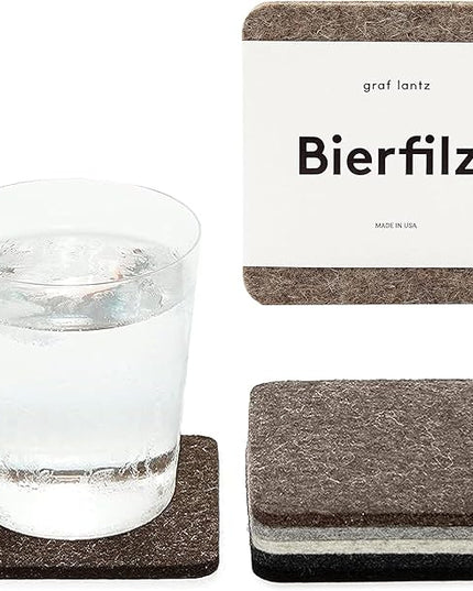 Graf Lantz - Bierfilzl Merino Wool Square Coasters Set of 6 - Earth (4"x4"x5mm) - Absorbs 30% of Weight - Natural German Wool - Heat Resistant, Sustainable, Reusable - Home Decor & Coffee Table Decor