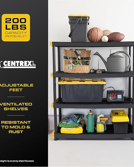 CX Black & Yellow, 4-Tier Heavy Duty Plastic Storage Shelving Unit, 200lbs/shelf (55"H x 48"W x 20"D), for Garage Tools, Basement & Outdoor Organization, Modular Rack