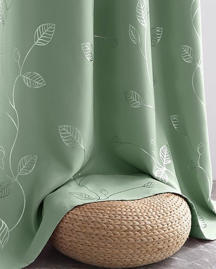 BUHUA Blackout Curtains Pairs 84 Inches Long Room Darkening Curtains with Shinny Silver Leaf Design for Sliding Glass Door 52W×84L Sage Green 1 Pair