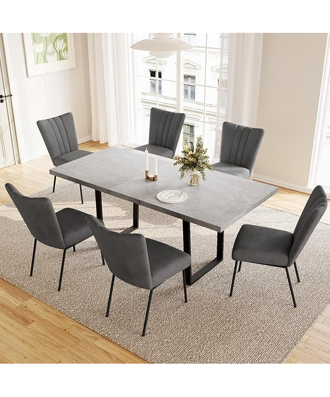 ZckyCine Modern Mid-Century Dining Table Set for 6-8 People Kitchen Dining Room Table Set Extendable Wood Dining Table and 6 Upholstered Chairs, Home Kitchen Furniture