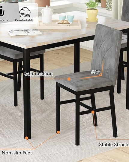 Hooseng Dining Table Set for 4 Faux Marble Kitchen Table and Chairs Set of 4,5 Piece with Velvet Upholstered Dinner Chairs for Compact Dining Room,Small Space,Grey