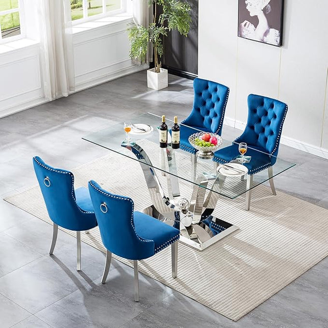 5-Piece Glass Dining Table Set w/4 Blue Upholstered Dining Chairs, 70in Rectangular Large Kitchen Table Set for 4, Glass and Silver Dining Table and Chair Set for 4