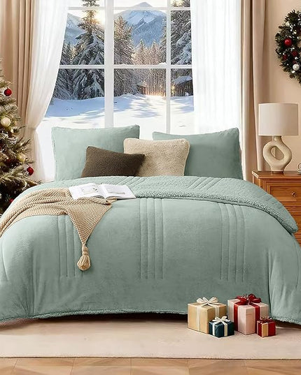 Monbix Fluffy King Size Comforter Set Sage Green, Sherpa Plush Fuzzy Comforter 3 Piece for King Size Bed, Luxury Soft Winter Warm Bedding Set