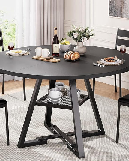 Round Dining Table for 4,Kitchen Dining Room Circle Dinner Pedestal Table,Space Saving Wood Kitchen & Dining Room Furniture (Black, 47In)
