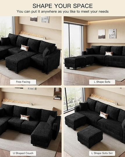 Belffin U Shaped Couch with Reversible Chaises Sectional Couches for Living Room Sectional Couch with Ottomans Corduroy (Black, U Shaped)