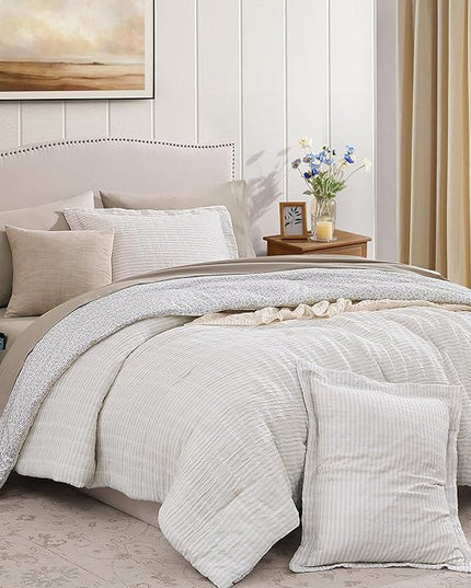King Comforter Set - 7 Pieces Beige Gauze Muslin Bedding Sets for All Seasons, Lightweight Breathable Bed in a Bag King with Revesible Farmhouse Comforter, Sheets, Pillowcases & Shams