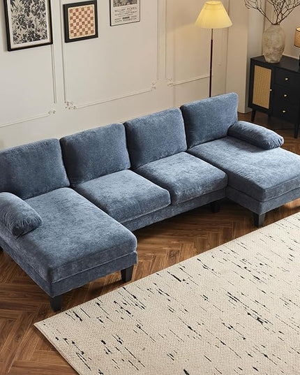 VINGLI 110" Sectional Couches for Living Room,U Shaped Couch with Double Chaise, 4-Seat Sofa Set with Corduroy Fabric for Home Furniture,Ocean Blue