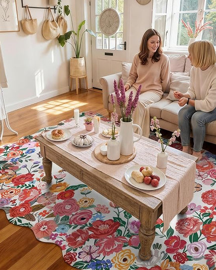 Wonnitar Washable Red Camellia Floral Area Rugs 5x7, Non-Slip Boho Rugs for Living Room, Soft Scalloped Flower Floor Carpet Rugs for Bedroom Kids Nursery Dorm Decor (Red,5'x7')
