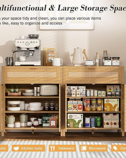 YOUDENOVA 60.3" Sideboard Buffet Cabinet, Rattan Storage Cabinet with 4 Doors & 2 Drawers, Boho Kitchen Cupboard Console with Adjustable Shelves for Dining Room, Living Room, Natural Oak