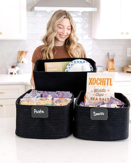 NaturalCozy Storage Baskets 16.8”x13”x7.6” Cotton Rope Woven Baskets for Organizing 3-Pack | Toy Storage Bins | Basket for Shelves, Laundry, Blanket, Clothes, Closet, Kitchen, Bathroom, Gifts