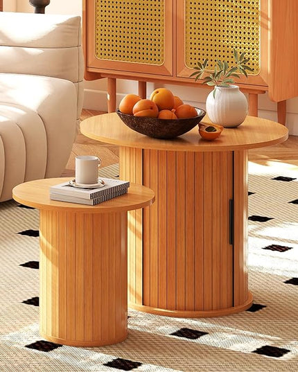 COSVALVE Nesting Coffee Table Set of 2 with Hidden Storage & Sliding Door, Circle Wood Coffee Table, Farmhouse Side & End Table Sets for Living Room, Small Spaces, Natural