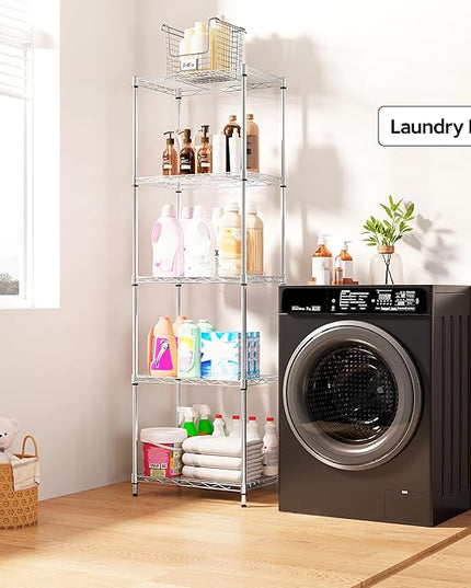 5 Tiers Shelf Metal Storage Shelves Wire Rack Closet Organizers with Wheel for Garage Kitchen Bathroom Laundry Chrome 11.8" D x 17.7" W x 55" H