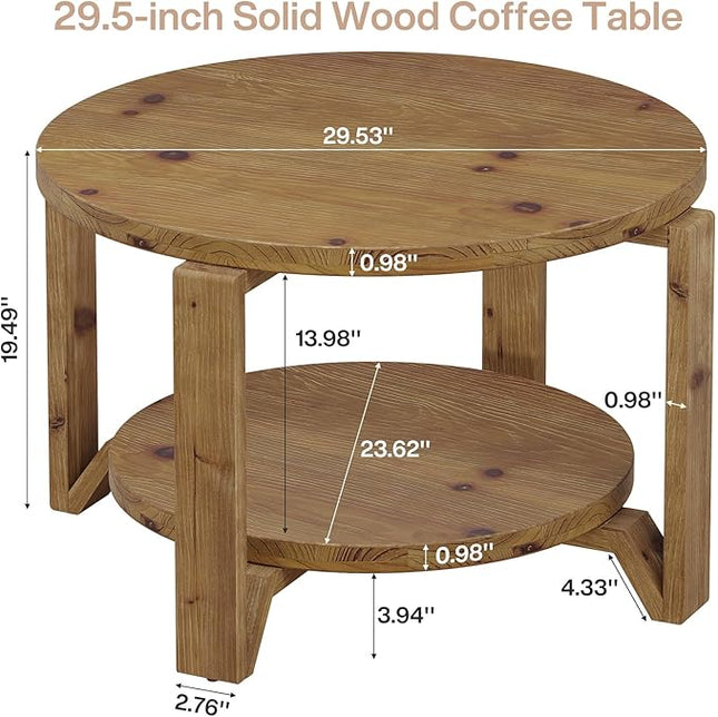 30" Solid Wood Coffee Table, Round Small Coffee Table with 2-Tier Storage for Living Room, Farmhouse Circle Center Accent, Brown Round Solid Wood with Natural Texture Design