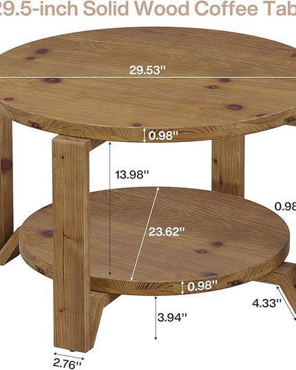 Tribesigns 30" Solid Wood Coffee Table, Round Small Coffee Table with 2-Tier Storage for Living Room, Farmhouse Brown Round Solid Wood Accent, Circle Center Furniture with Natural Texture Design