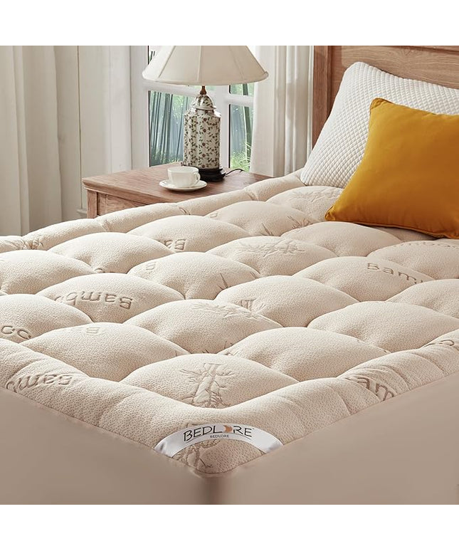 BEDLORE Full Size Mattress Topper Viscose Derived from Bamboo, Thick Pillow Top Mattress Pad with Stretchable Pockets for 6"-15" Mattress, Breathable Mattress Topper for Back Pain Relief(Beige)