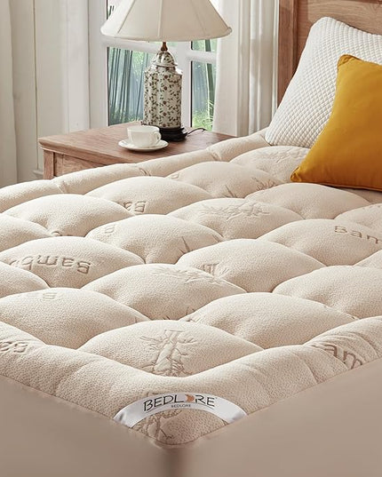 BEDLORE King Mattress Topper Viscose Derived from Bamboo, Thick Pillow Top Mattress Pad with Stretchable Pockets for 6"-18" Mattress, Soft Breathable Mattress Topper for Back Pain Relief(Beige)