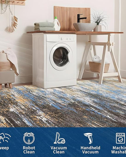 Washable Rug 5x7 Abstract Area Rug for Living Room, Non Slip Foldable Soft Rugs for Bedroom, Stain Resistant Rugs Modern Fuzzy Rug, Indoor Floor Carpet for Entryway Home, Blue/Brown