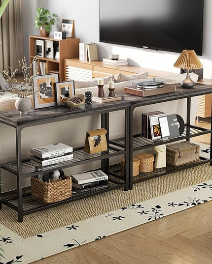 47" Console Table with Storage, 3-Tier Narrow Entryway Table, Sofa Table with Mesh Shelves, Console Tables for Living Room, Bedroom, Hallway, Entryway, Foyer, Oak Grey