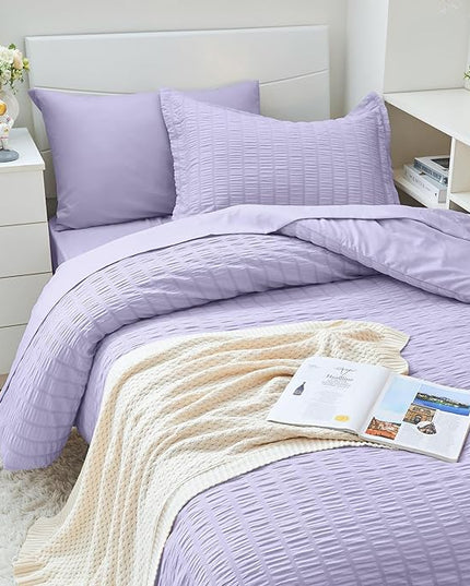 HYMOKEGE Light Purple Twin XL Comforter Set Seersucker 5 Pieces, All Season Luxury Bed in a Bag for Bedroom, Bedding Set with Comforter, Sheets, Pillowcase & Sham