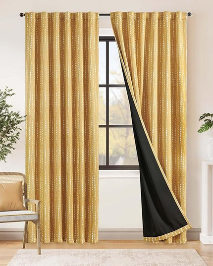 jinchan 95% Blackout Boho Curtains 84 Inches Long Mustard Moon Phases Printed Drapes Rod Pocket Thermal Insulated Curtains for BedroomNursery Yellow Window Drapes Curtain Set 2 Panels